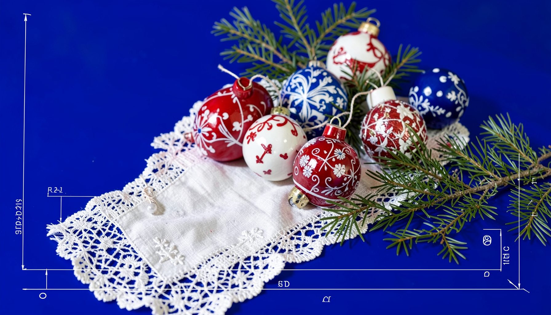 A warm festive tabletop scene with handmade ceramic ornaments in red, white, and blue, resting on a lace-trimmed linen cloth beside sprigs of evergreen