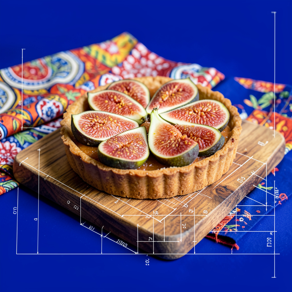 Warm-toned close-up of a round tart topped with sliced fresh figs on a wooden board, surrounded by colorful patterned cloths