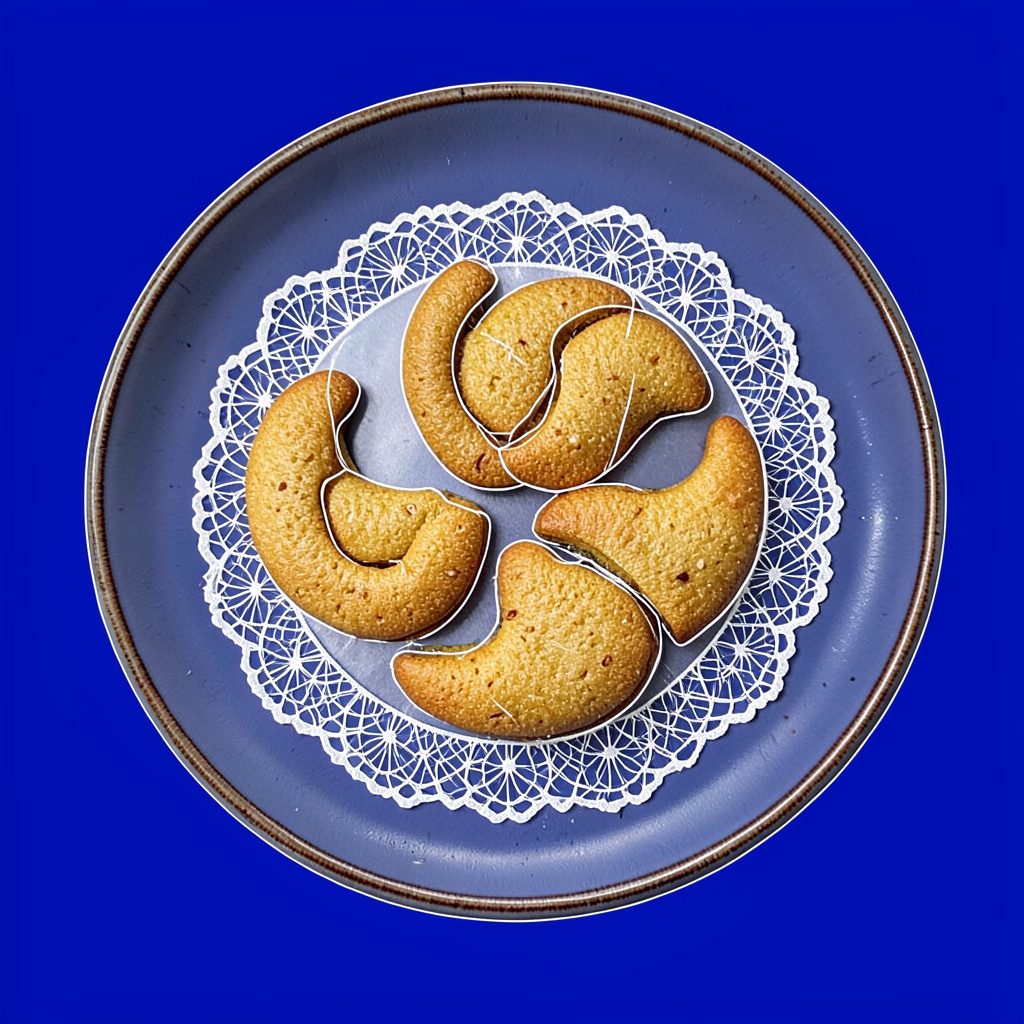 Golden crescent-shaped almond cookies arranged on a rustic ceramic plate with a lace doily underneath