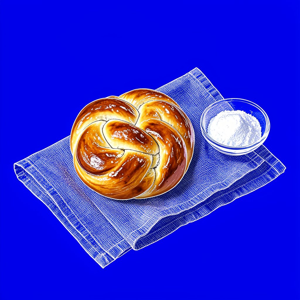 Braided sweet bread with a glossy golden crust, resting on a linen cloth beside a small bowl of sugar