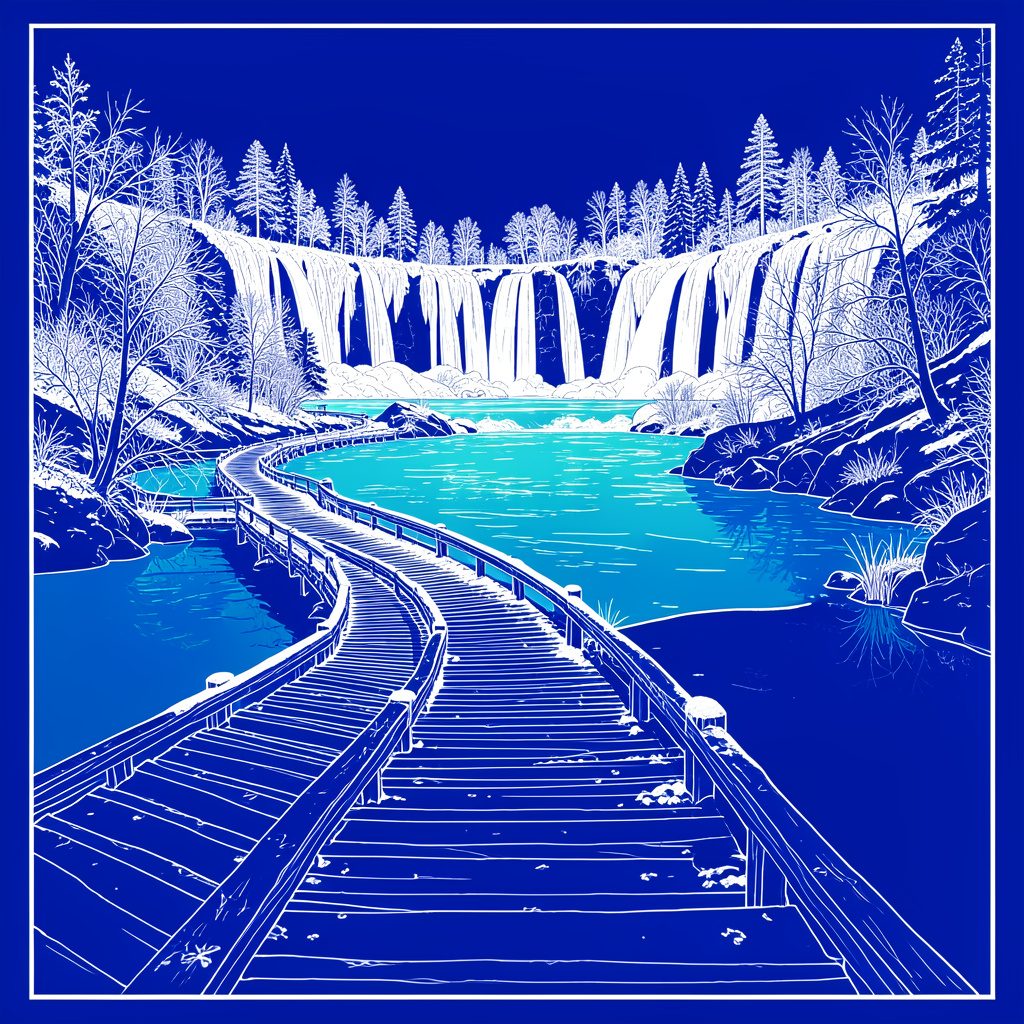 Snow-dusted wooden boardwalks winding through turquoise lakes and frozen waterfalls at Plitvice Lakes in winter