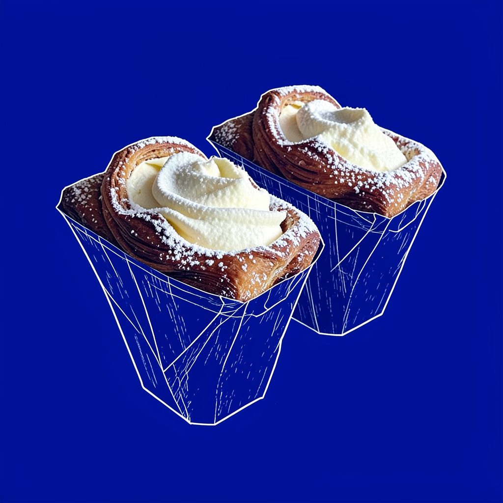 Crisp pastry cones filled with pale cream, dusted with powdered sugar on a dark wooden surface
