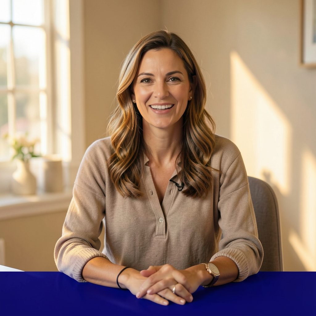 Woman seated in a sunlit room with warm neutral tones, speaking warmly toward the camera in an interview setting