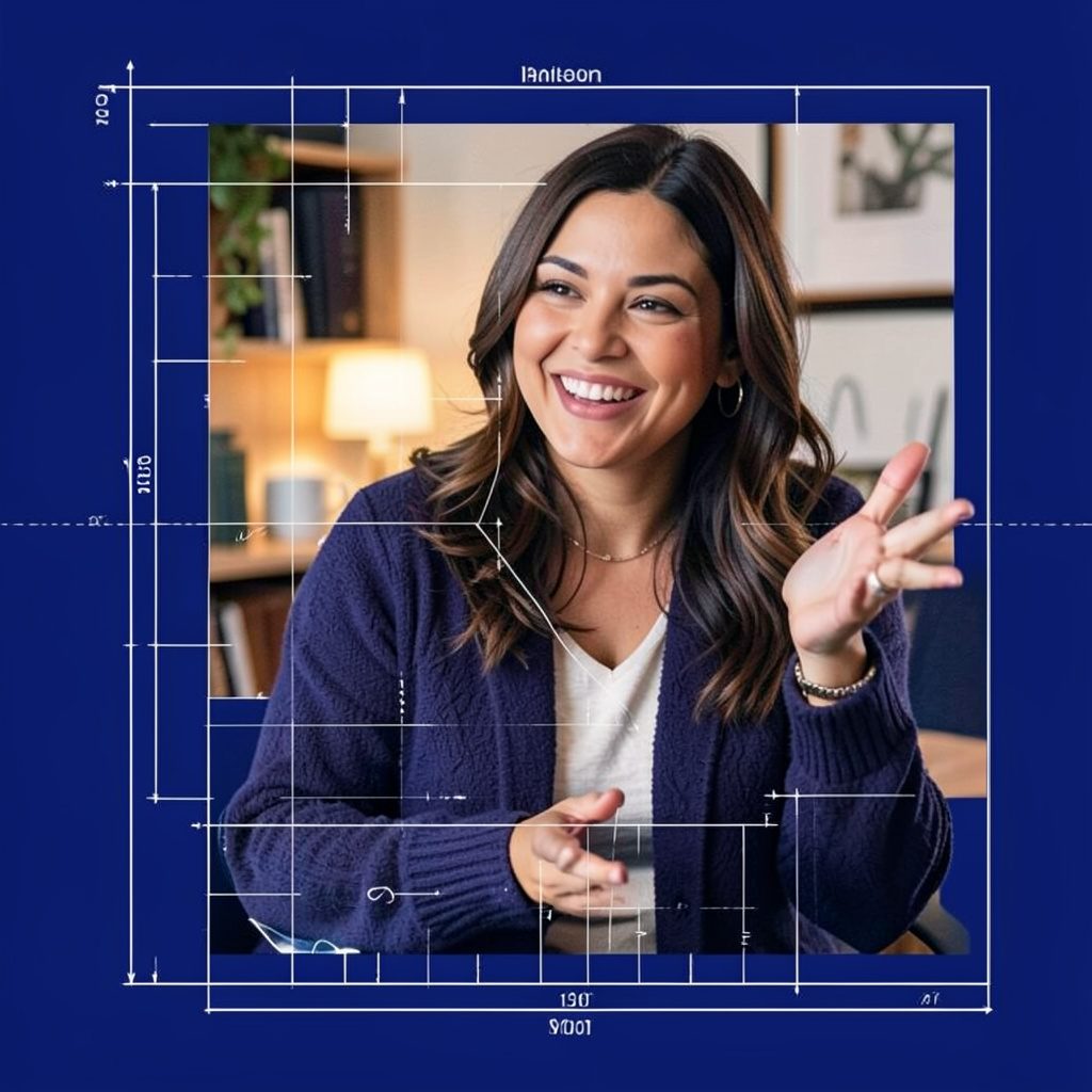 Woman with a warm smile in a cozy indoor setting, gesturing expressively during a personal interview