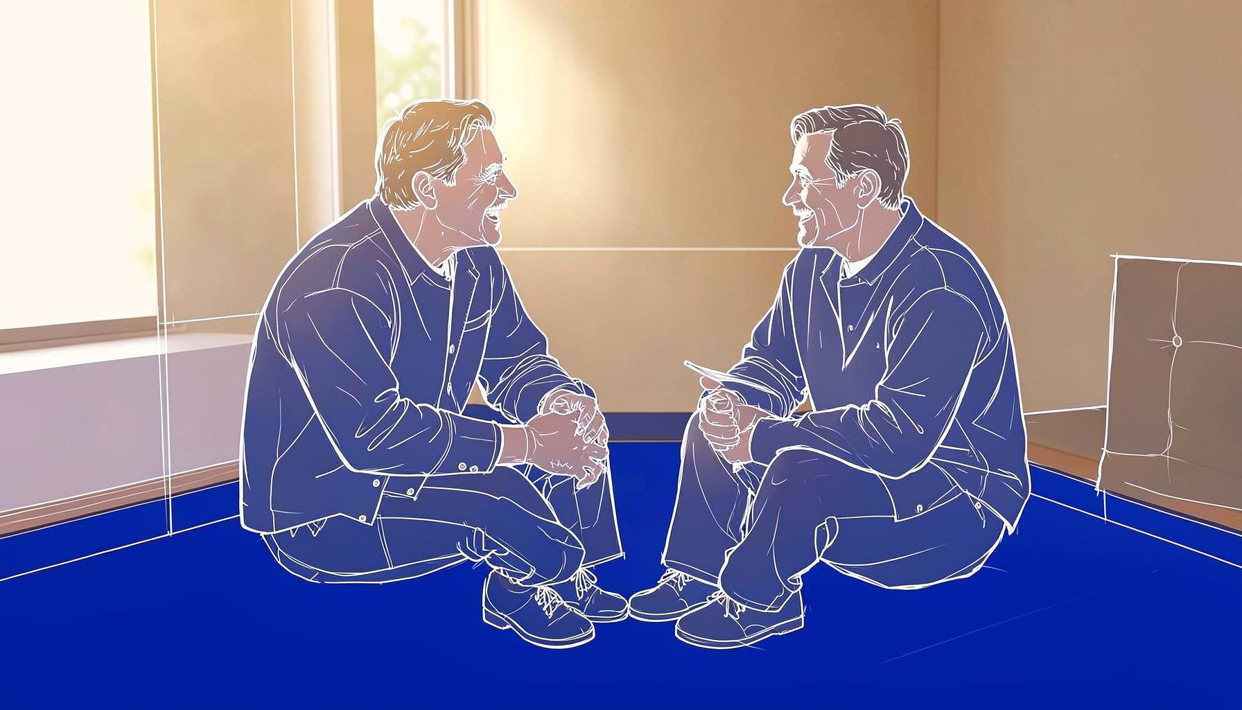 Two people in a warm indoor setting engaged in a friendly conversation, with soft natural light from a window