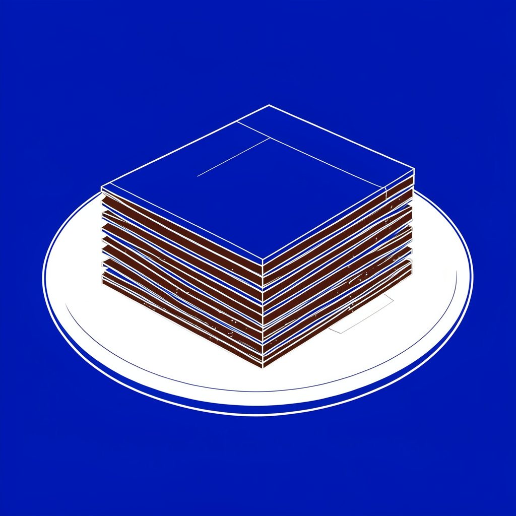 Stack of thin wafer layers with chocolate filling, cut into neat rectangles on a white plate