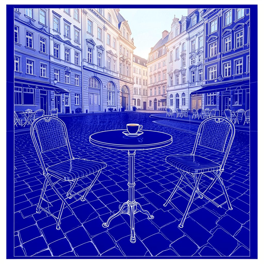 Outdoor café table with a small espresso cup on a cobblestone square, historic buildings in soft morning light