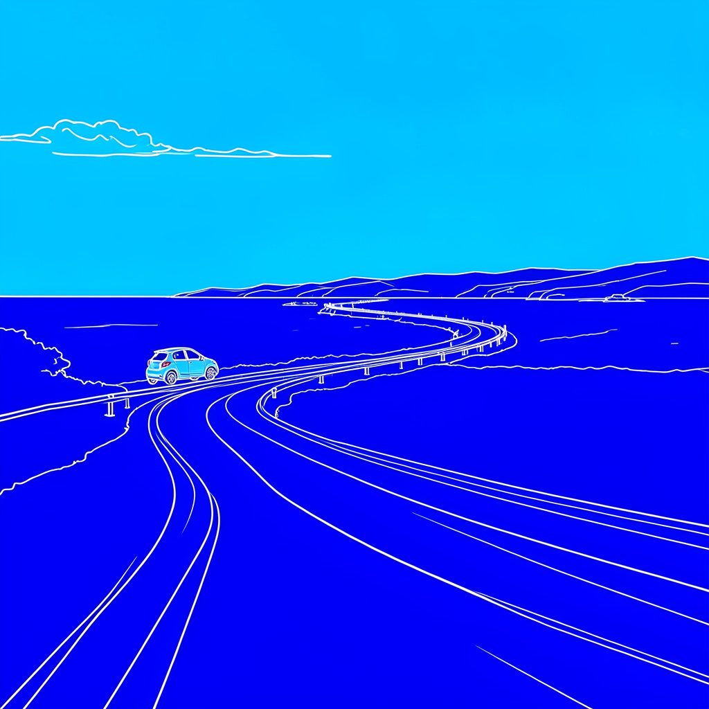 Scenic coastal road winding along the Adriatic shoreline under a bright blue sky, with a compact rental car in the distance