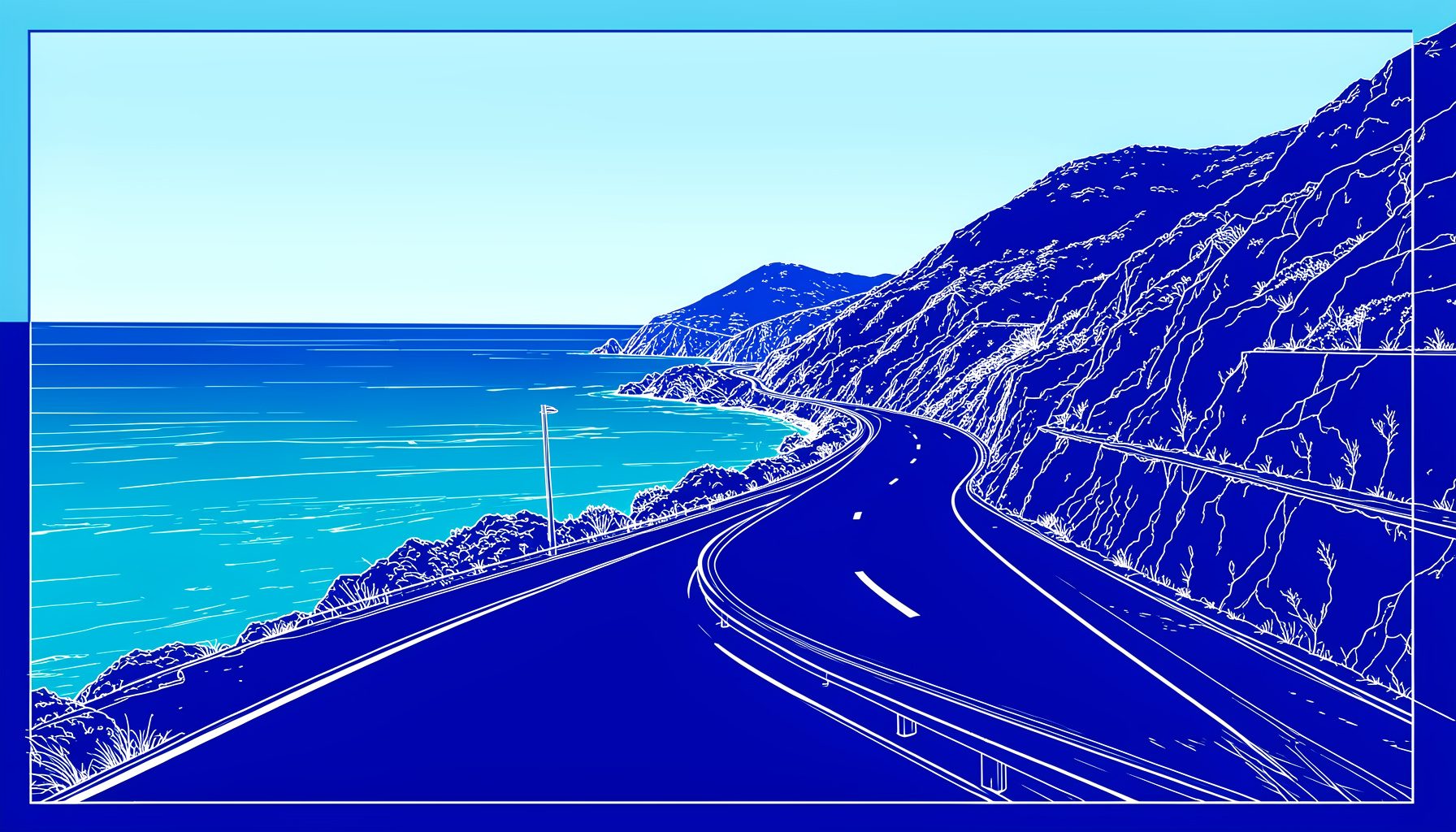 Winding Adriatic coastal road with turquoise sea on one side and rocky hills on the other, under a clear sky