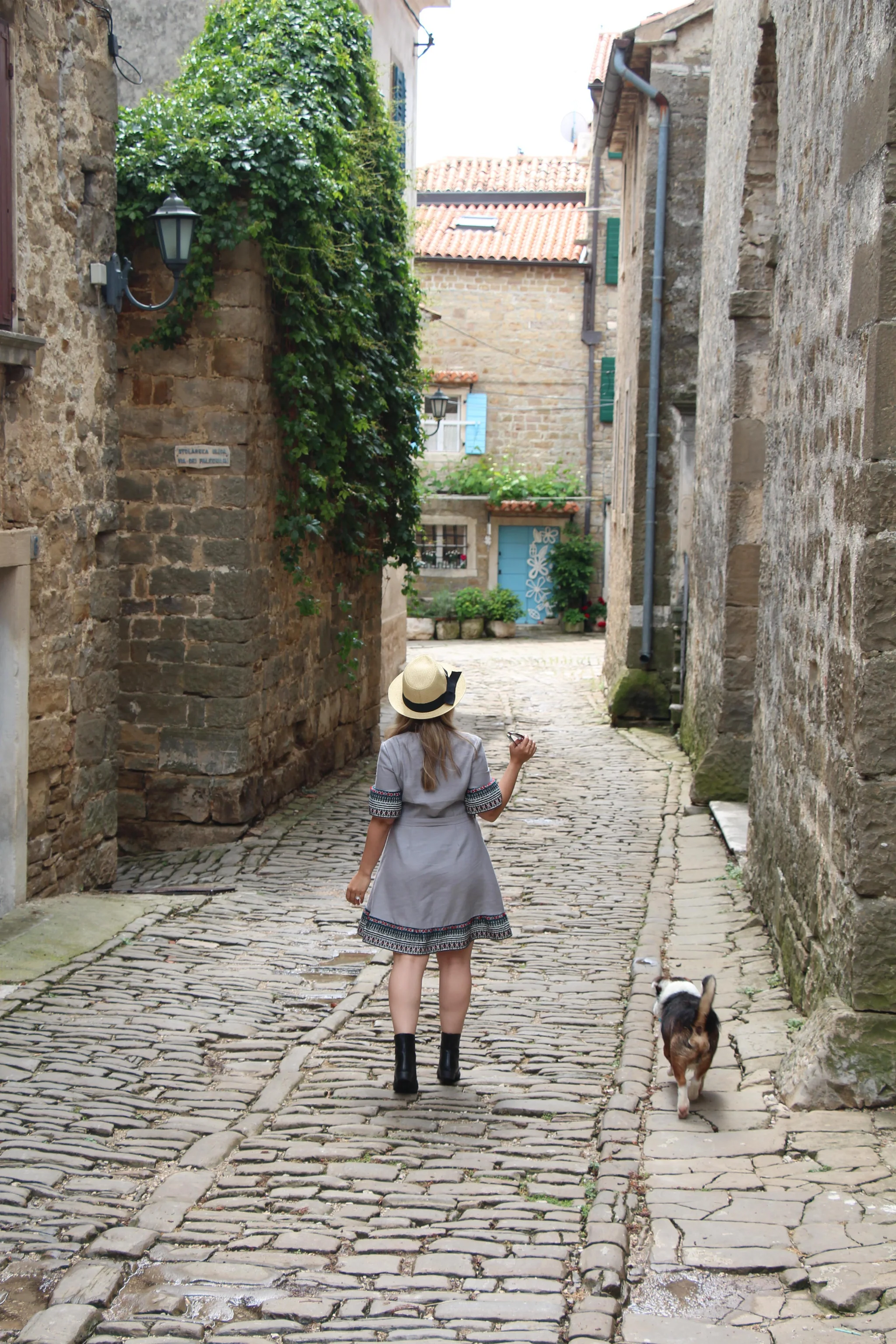 Woman in a grey patterned-trim dress and straw hat walking down a cobblestone alley with a small dog, historic stone buildings